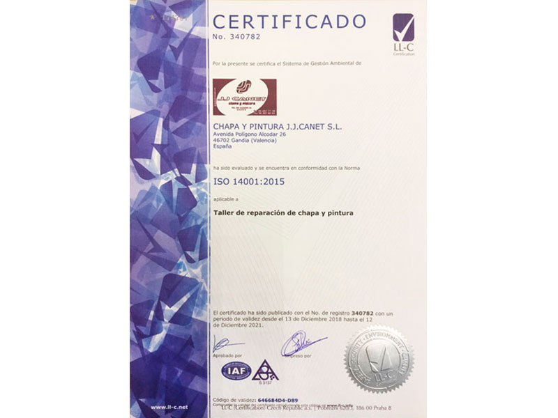 Certificado ISO 14001:2015 - JJ Canet