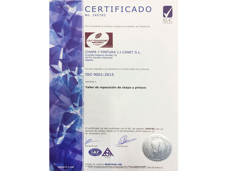 Certificado ISO 9001:2015 - JJ Canet